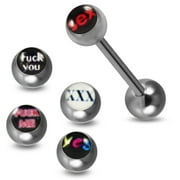 Colorful Text Word Logo Picture Tongue ring Set 14 Gauge - 19MM Length 316L Surgical Steel with Logo Picture Ball Tonuge Ring Body Piercing Jewelry