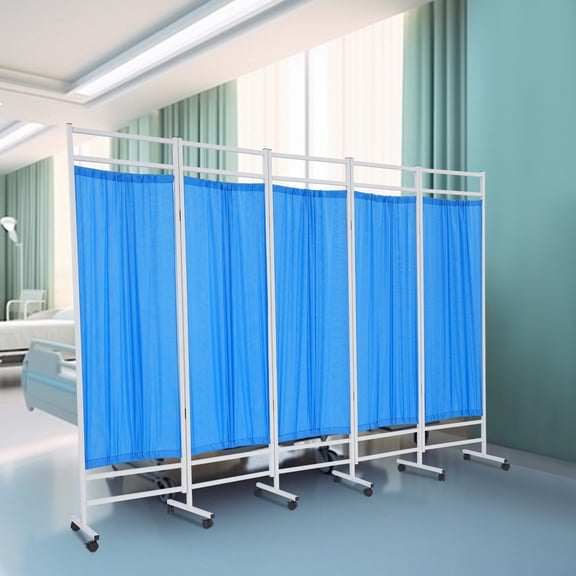 Blue Iron Nylon 98.4x70.9 Inch 5-Sided Medical Screen With Brake Wheel Folding Partition Curtain