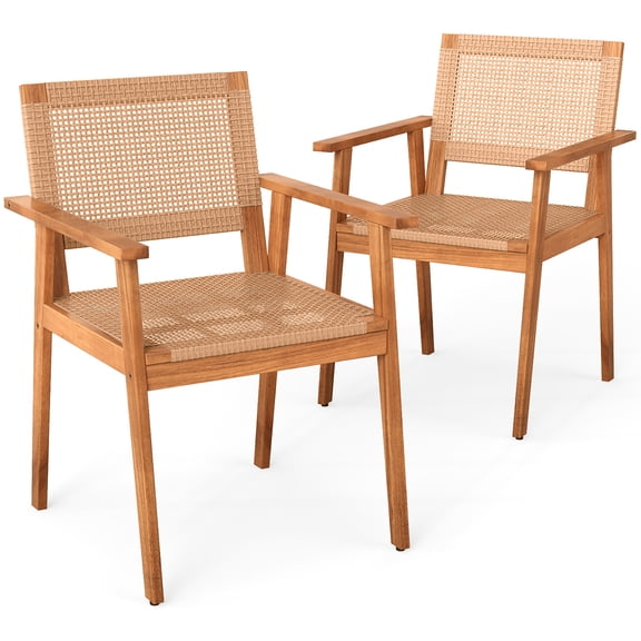 Gymax Acacia Wood Outdoor Dining Chairs Set of 2 w/Backrests & Armrests for Backyard