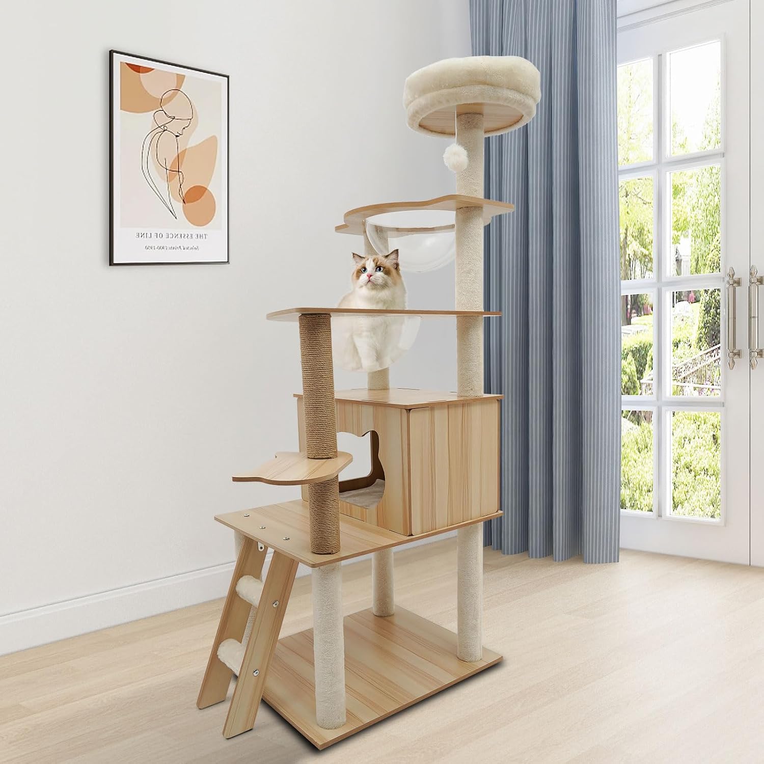 Cat Tree, 55 Inches Tall Cat Tower Condo with Plush Ball for Indoor Cats, Cat House Furniture with Clear Capsule Cat Bed, Multi-Layer Platform and Sisal Scratching Posts