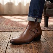 Men's Pointed Toe Harness Boots, Square Toe Side Zipper Cowboy Boots, Casual Block Heel Short Boots Fashion Chelsea Ankle BootsBlack/Brown