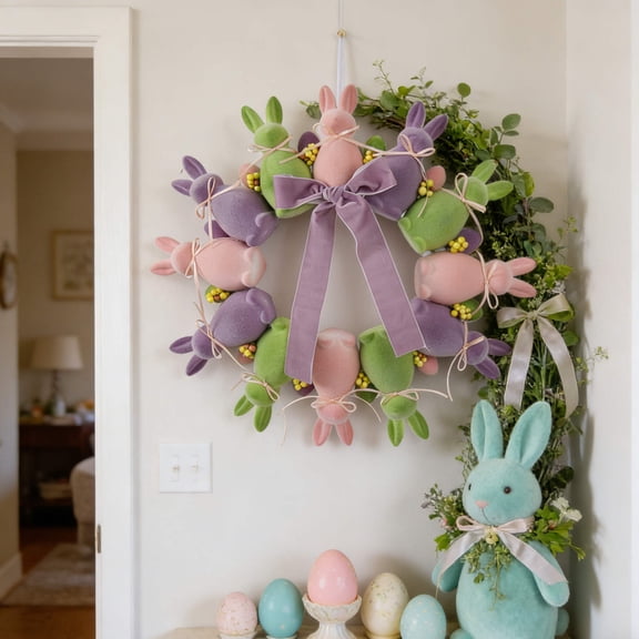 Mbvtdt Easter Bunny Wreath,Easter Realistic Flocked Rabbits Wreath With Bow Doll,Spring Artificial Easter Wreaths for Front Door Wall Decor