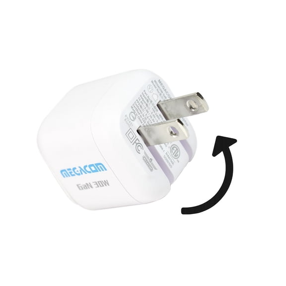 Megacom Gan Charger 30W USB-C Power Adapter, Foldable PD3.0/PPS/QC3.0 Fast Wall Charger Compatible with Smartphones, Tablets, and All USB Type-C Devices (White)