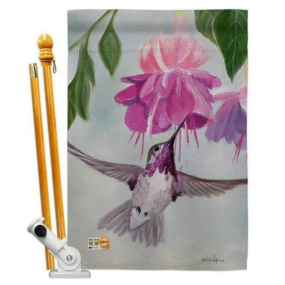 Breeze Decor BD-BI-HS-105047-IP-BO-D-US16-SB 28 x 40 in. Flight of Hummingbird Garden Friends Birds Impressions Decorative Vertical Double Sided House Flag Set & Pole Bracket Hardware