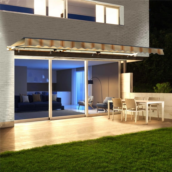 ALEKO Semi-Cassette Motorized Patio Awning with LED Lights - 20 x 10 Feet - Yellow Striped - Moroccan Collection