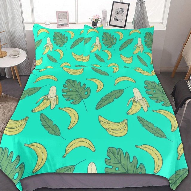 HAHDAXIA Banana Pattern Bedding Solid Comforter Set for All Seasons,3 Pieces(1 Comforter+2 Pillowcases),Soft Microfiber Bedding Set Queen(90"x90")
