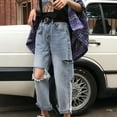 thumbnail image 5 of Tuphregyow Women's Straight Leg Cargo Pants Clearance Classic High Waist Button Denim Pants New Style Solid Trendy Wide Leg Baggy Casual Jeans Pants with Pockets Holes Work Leisure Blue XXXXL, 5 of 6