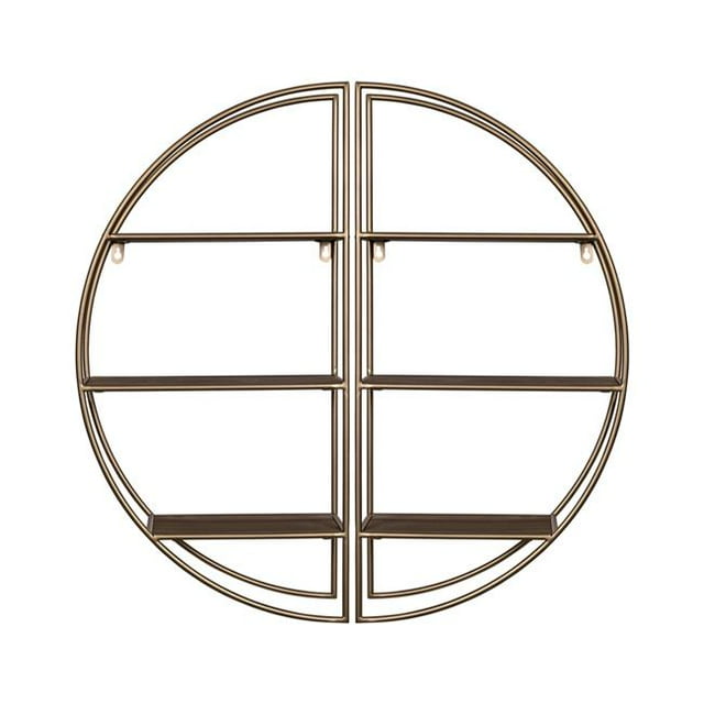 HomeRoots 402635 Gold Metal & Wood Round Wall Shelf - 2 Piece