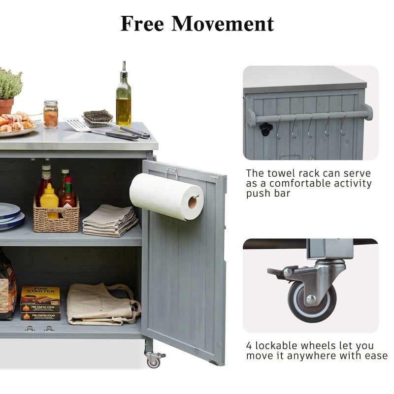 35.4''W Stainless Top Outdoor Rolling Kitchen Storage Island with Side Racks, Outdoor Grill Serving Cart with Cabinet & Adjustable Shelf