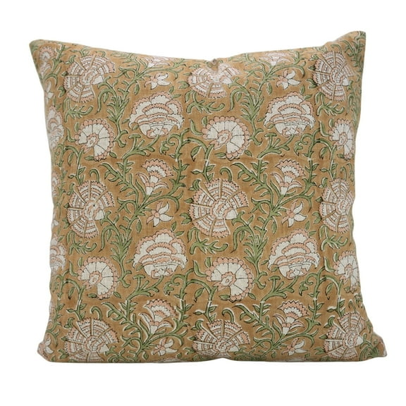 Handcrafted Indian Handmade Pillow – SONAKSHI Floral Block Print, Pure Linen 12"x20" Cushion