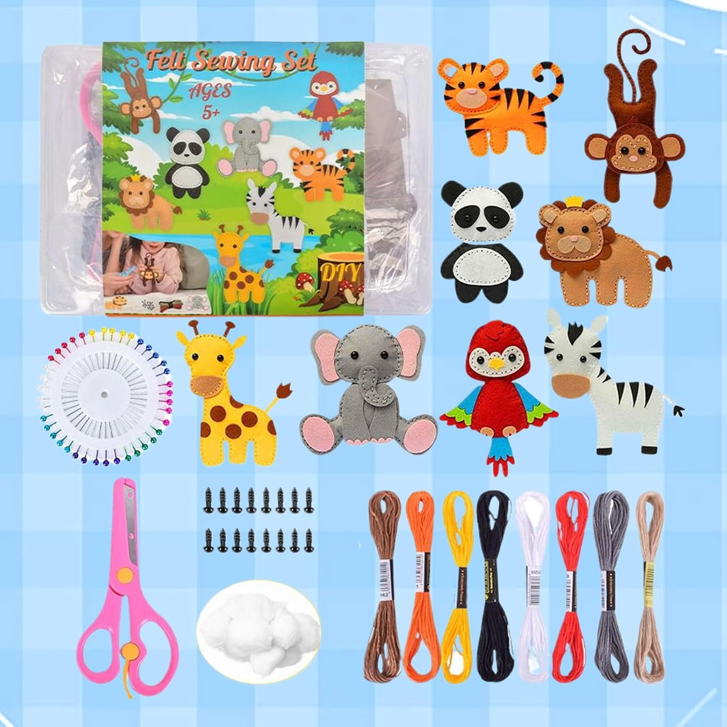 Twiggle Stuff Sewing Kit, Safari Jungle Animals Sewing Craft Kit DIY, Educational Wild Animal Craft Set for Birthday Gift (8-Piece Set)