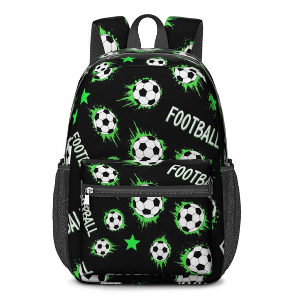 Football and Star Black Pattern 17" Waterproof Oxford School Backpacks for Teens, S-Shape Padded Straps, for School, Travel, Hiking, Camping