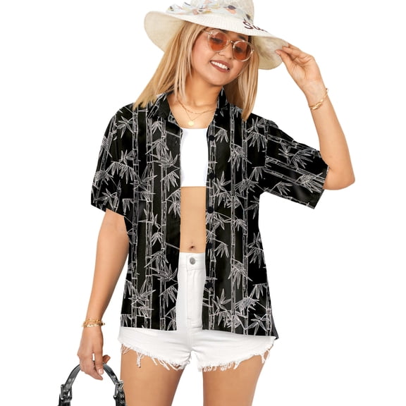 HAPPY BAY Women's Casual Beach Blouses Shirt TShirts Short Sleeve Button Up Dress Tops Tee Shirts Hawaiian Blouses for Women S Allover Stems, Black