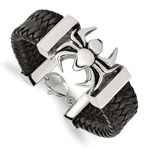White Stainless Steel bracelet Men's Black 8.5 in Polished Antiqued Blk Leather Spider