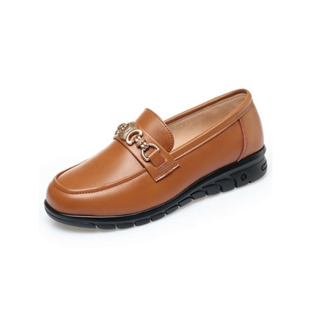 

Ferndule Womens Round Toe Dress Shoe Work Lightweight Low Wedge Heel Flats Breathable Yellow Brown-2 7.5