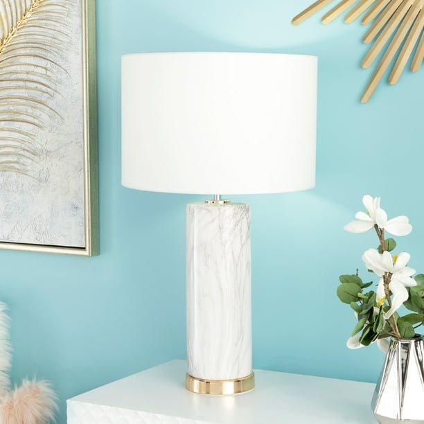 CosmoLiving Large Cylindrical White Marble Table Lamp with Metallic