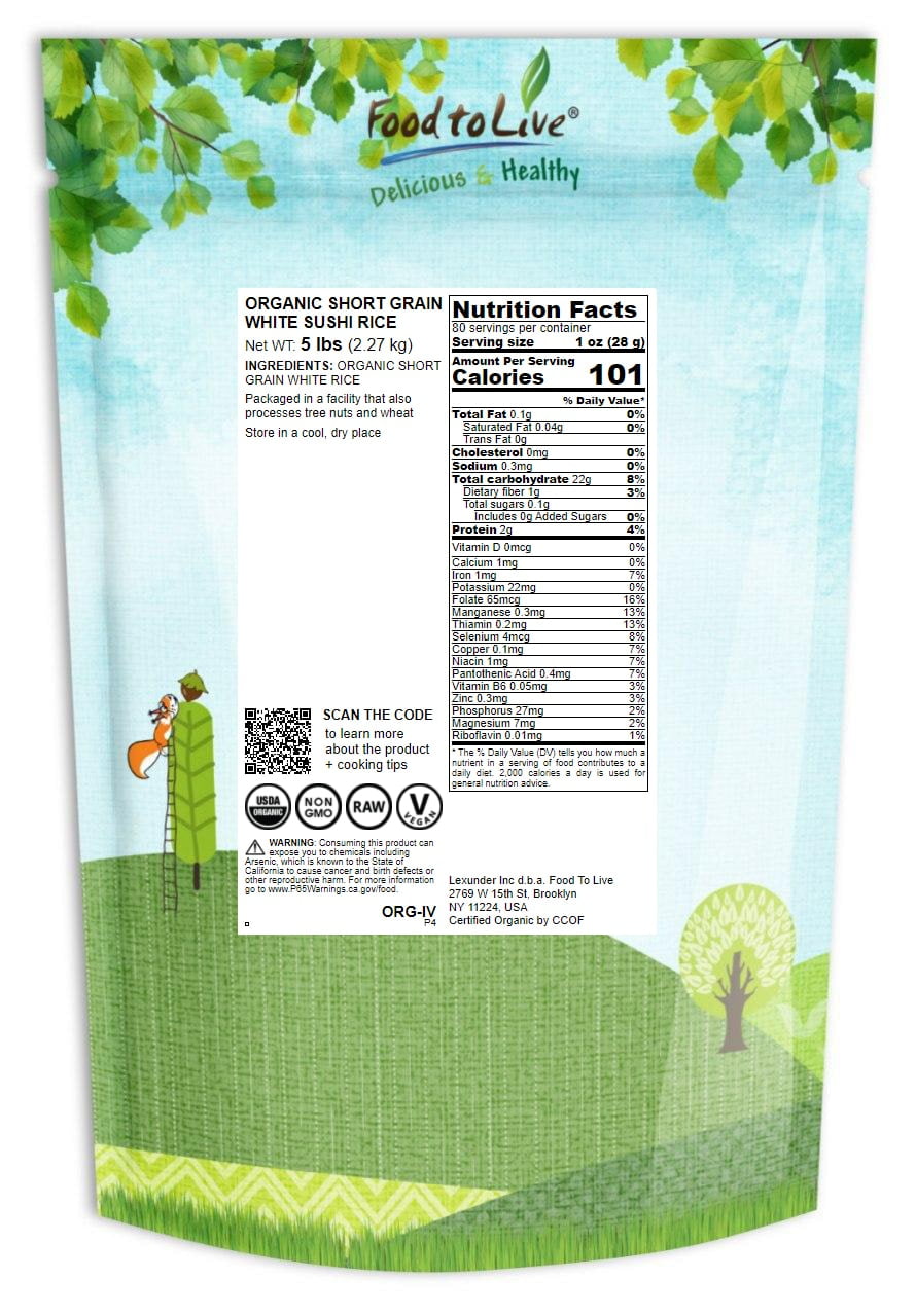 Organic Short Grain White Sushi Rice, 5 Pounds — Non-GMO, Kosher, Raw, Vegan — by Food to Live