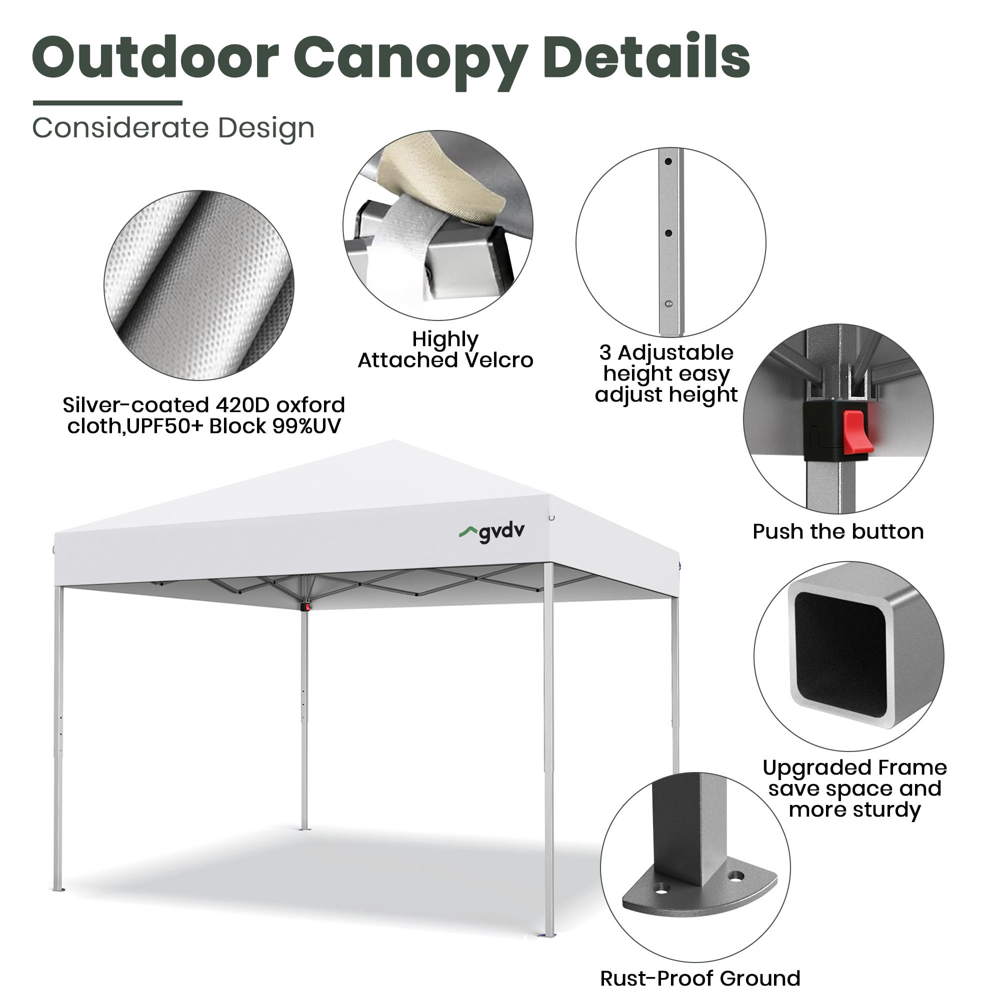 GVDV 10 ft x 10 ft Easy Pop up Outdoor Canopy Tent, Straight Legs Instant Canopy for Outside with Carrying Bag, White