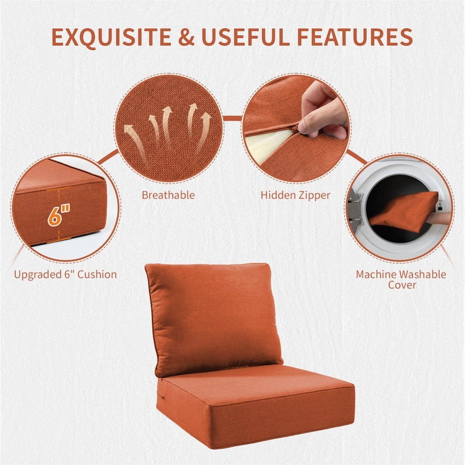 24" x 22" x 6" Outdoor Seat and Back Cushion, Pack of 1, Replacement Furniture Cushions Deep Seating for Patio Sofas Chairs, Orange