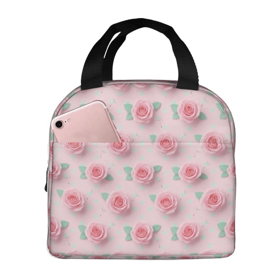 Rose Flower Lunch Box Reusable Insulated Cooler Handbag With Front Pocket Thermal Meal Prep Tote For Women Men Work Office Daily