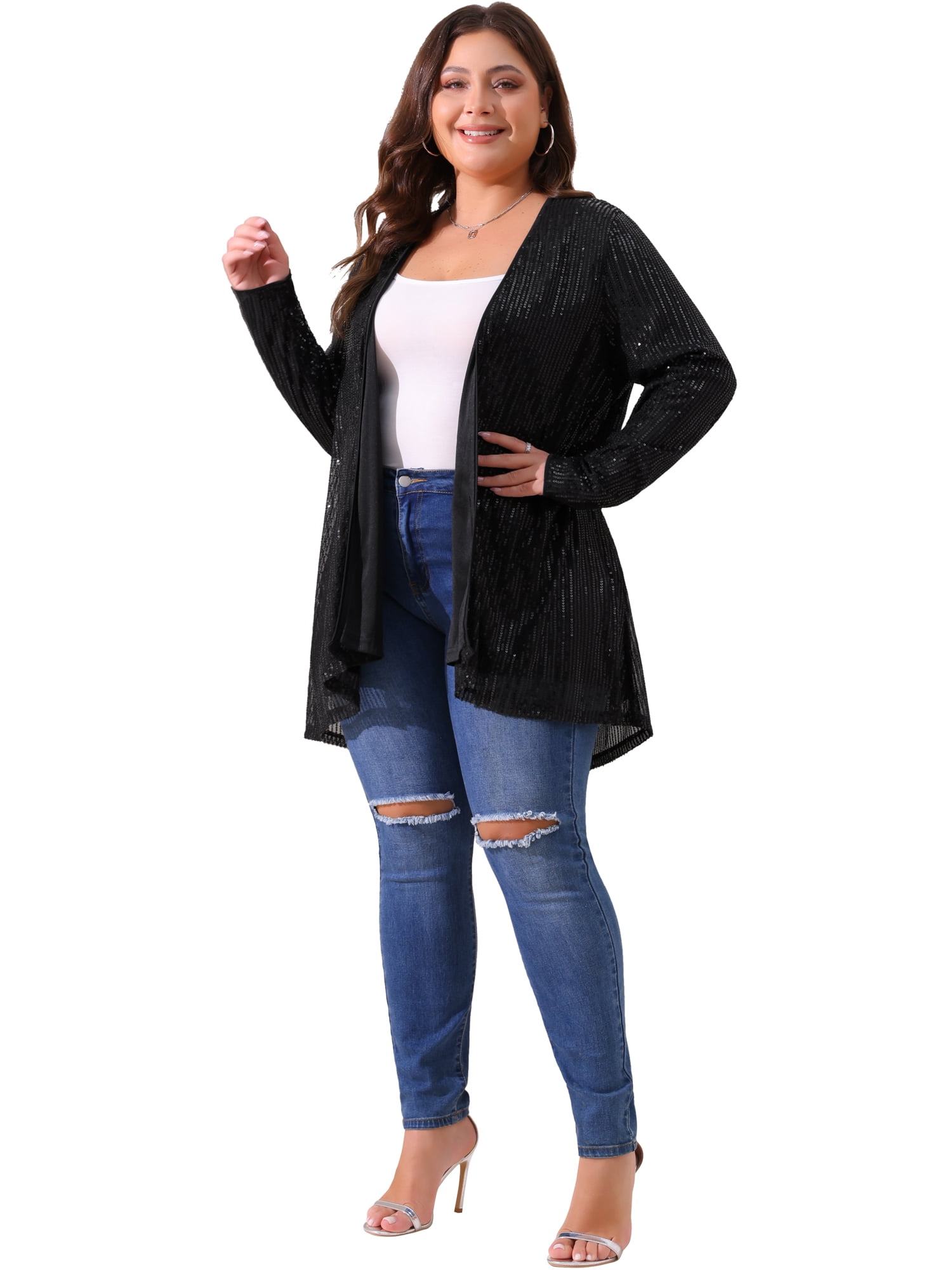 DARING DIVA Women's Plus Sequin Long Sleeve Open Front Outerwear Coat 1X Black