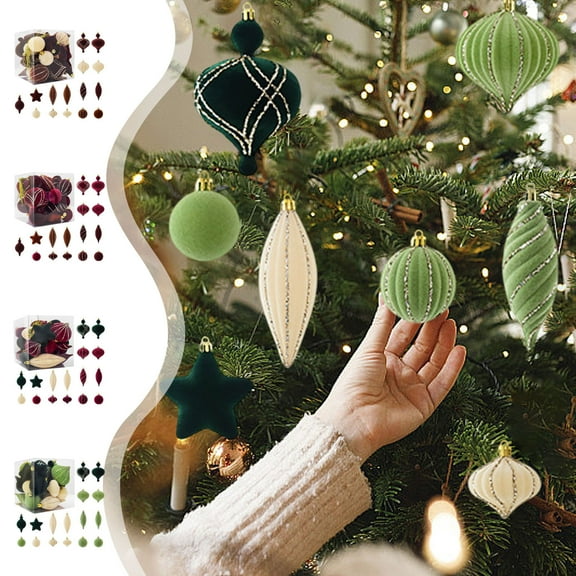 Xuniizn Christmas Ornaments 24Pcs Christmas Ball Ornaments with Strings, Shatterproof Flock Christmas Bulbs, Hanging Decorations for Xmas Tree, Holiday, Wedding, Party, Gifts, Green