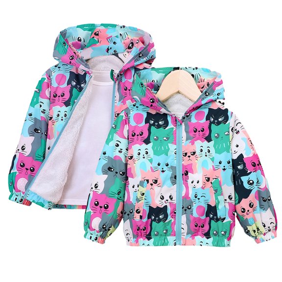 KYAIGUO Toddler Girls Spring Fall Windbreaker Jacket with Hoods Kids Zipper Printing Padded Outwear Windproofjacket Lightweight Coats for 2-7 Years
