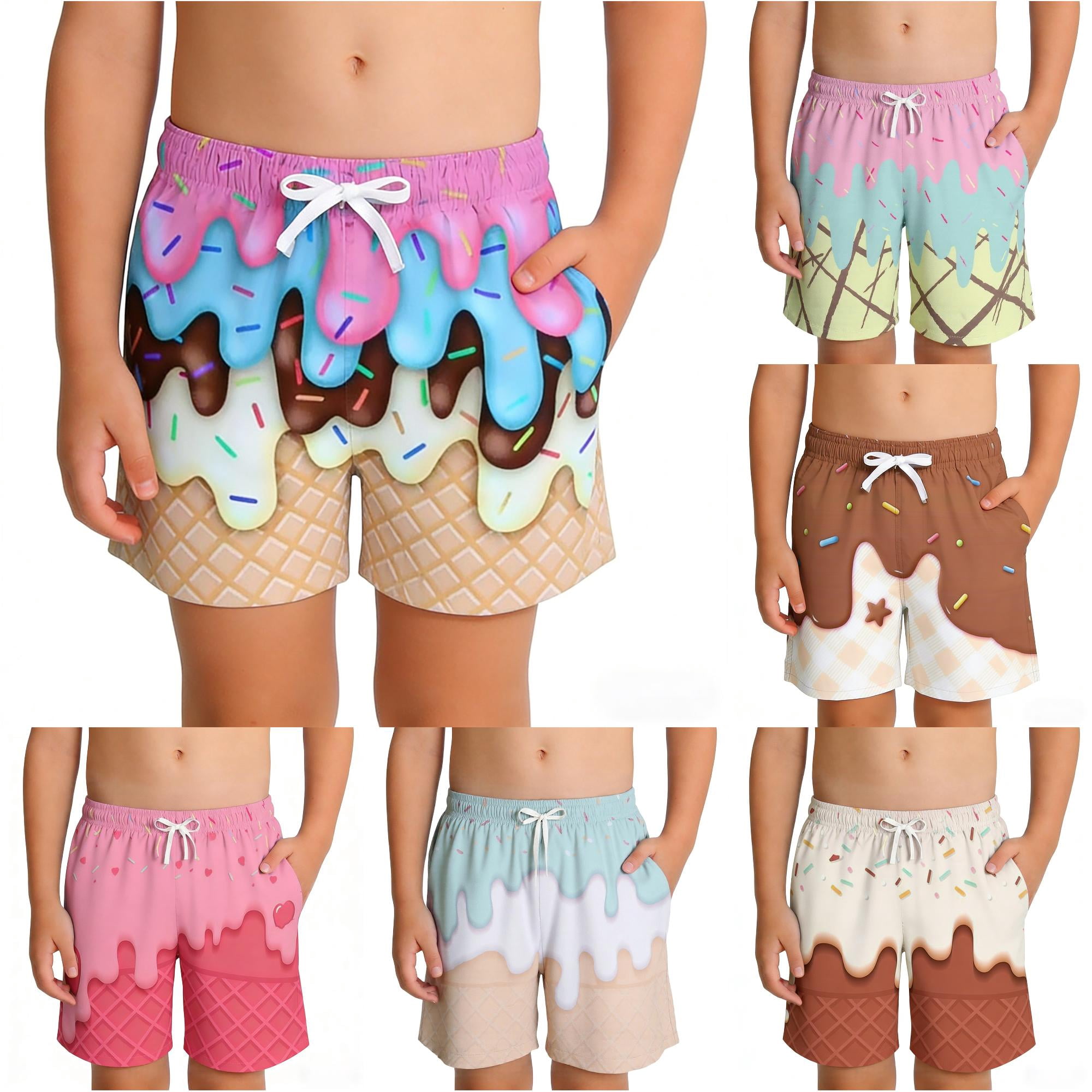 CUZIBR Boys Quick Dry Swim Trunks Drawstring Elastic Waist Summer Beach Shorts Ice Cream Print Kids Pool Bathing Suit Lightweight Water Swimwear For Toddler 4-Khaki 3-4 Years