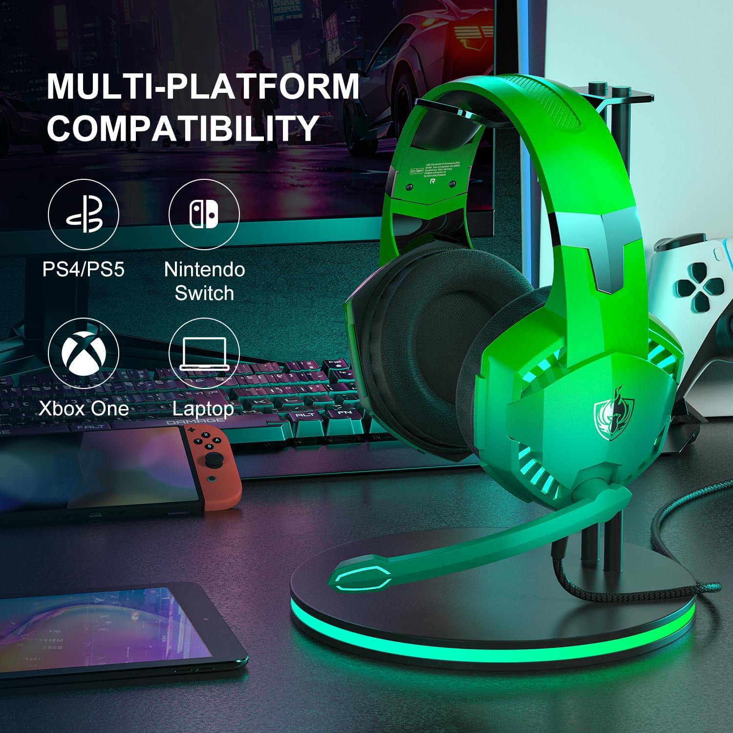 Gaming Headset for PS4/PS5/Xbox One/PC, Noise-Cancelling Over-Ear Headphones with RGB LED Lights & Stereo Surround Sound