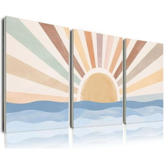 Boho Wall Art Set of 3, Framed Canvas Wall Art Rainbow Sun Rising on the Sea Design - Perfect for Mid-Century Modern Home Decor, Neutral Boho Wall Decor for Living Room, Bedroom, Bathroom, and Office