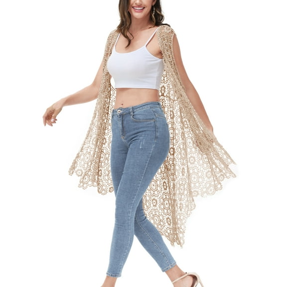 Boho Crochet Long Vest Top for Women Sleeveless Lace Cardigan Kimono Swimwear Cover Ups