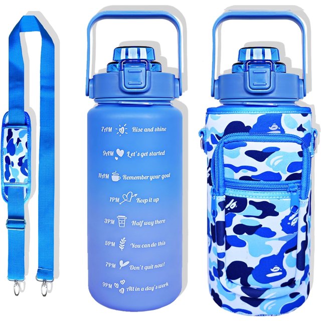 64 oz Water Bottle with Straw Sleeve & Strap Motivational BPA Free Half Gallon Water Jug with Handle for Gym Women Men Aesthetic Water Bottle with Strap Navy Blue