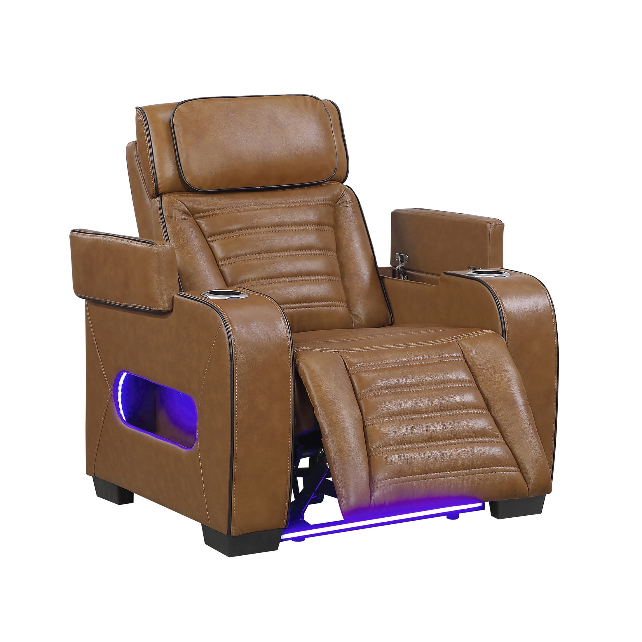 OakvillePark Elantra Leather Match Power Reclining Chair with Power Headrest/Cup holder/Storage Arms/Air Massage/Heat/LED Lighting and Charging Port, Brown