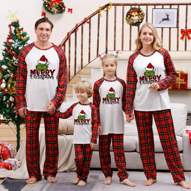 Conjuntos de pijamas navideños familiares a juego Grinch 2024, pijama de Grinch con parte superior y pantalones de pijama a cuadros, pijama de Grinch para niños y adultos para la familia, Mujer XL