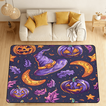 CURLYOOT Halloween Pumpkin Area Rugs 5 x7  Washable Rug Large Living Room Rug Non Slip Witch Hat Indoor Floor Carpet for Dining Room Bedroom Home