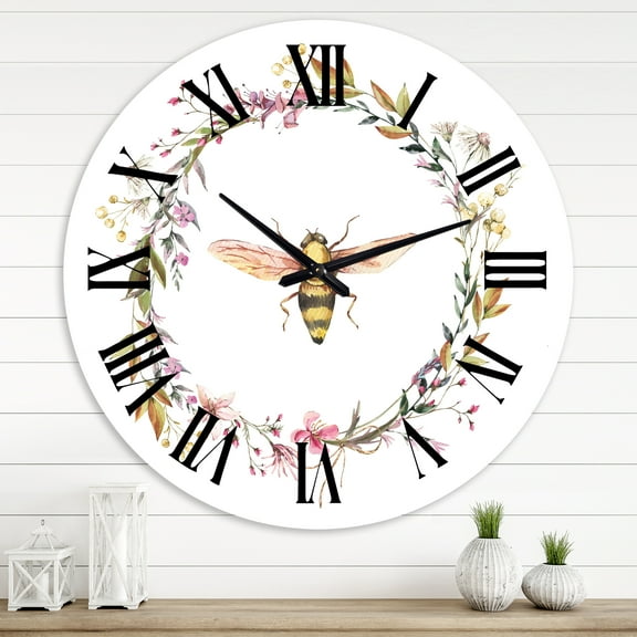 Designart 'Bee In Wildflowers Wreath' Farmhouse Wall Clock