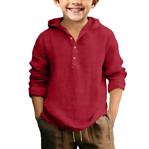 EnJoCho Boys Linen Shirt Hoodie Button Up Long Sleeve Dress Shirts Cotton Lightweight Summer Tees Tops