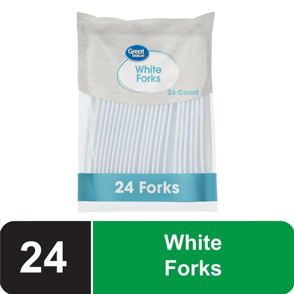 Great Value Plastic Disposable Forks, Basic White, 24 Count