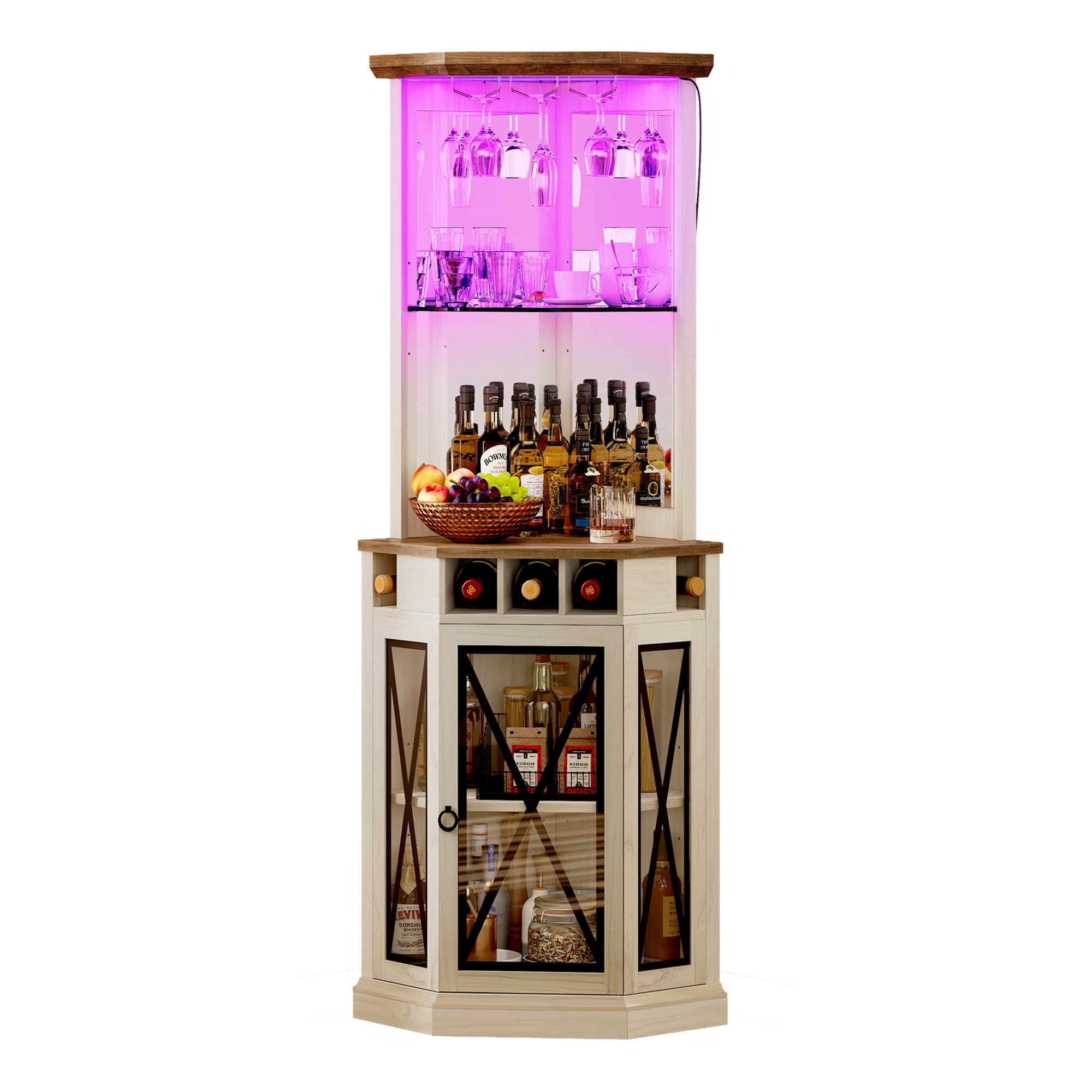 Dextrus Corner Storage Cabinet with Door & Led Light, 72" Tall Corner Bar Cabinet with Adjustable Shelves