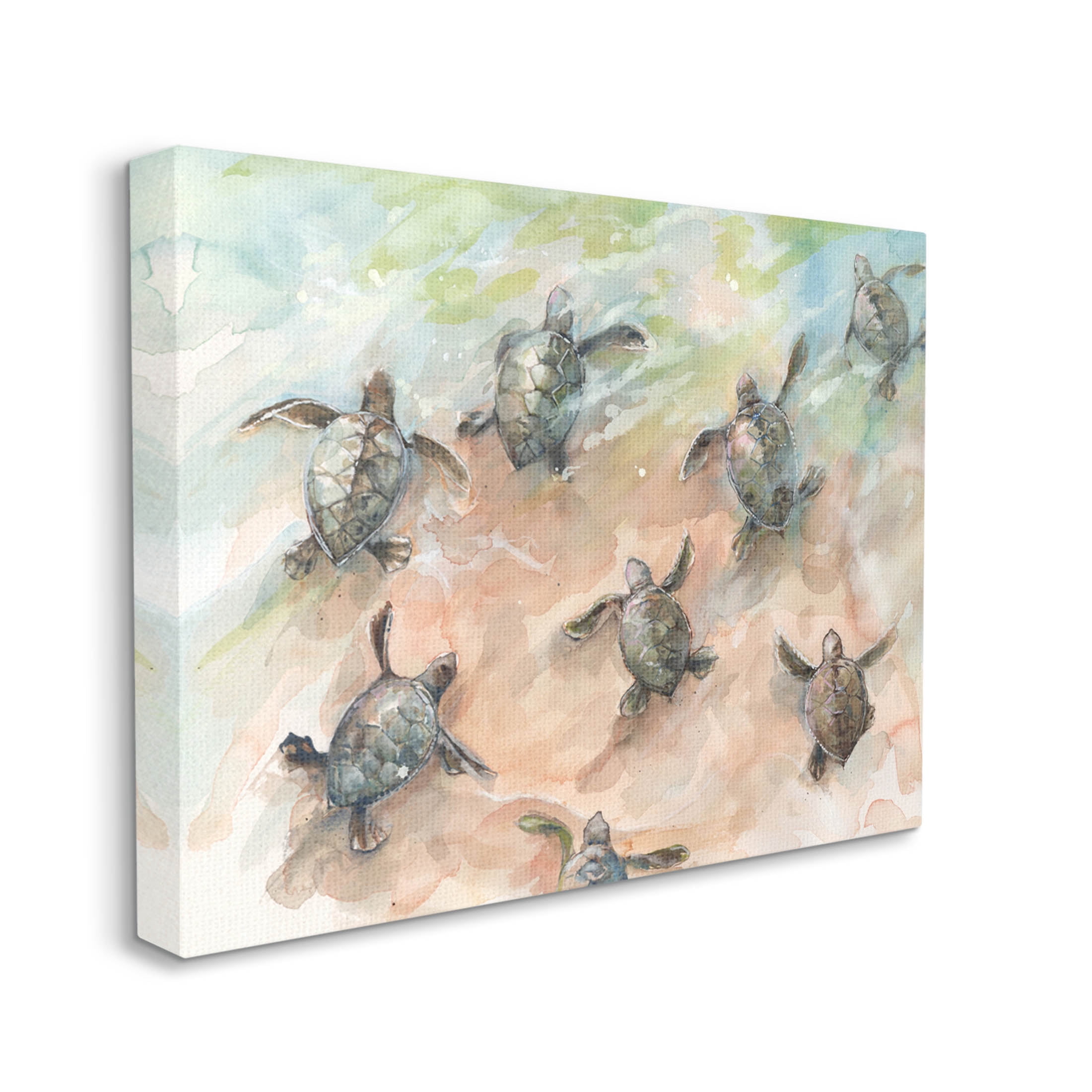 Baby Sea Turtles Swimming Shore Animals & Insects Painting Gallery Wrapped Canvas Print Wall Art