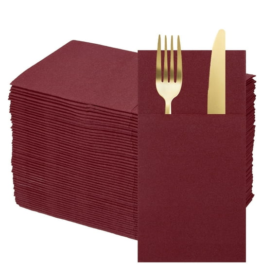 100 Pcs Disposable Linen Feel Napkins with Built-in Flatware Pockets, Paper Dinner Napkins for Knife and Forks Wine Red