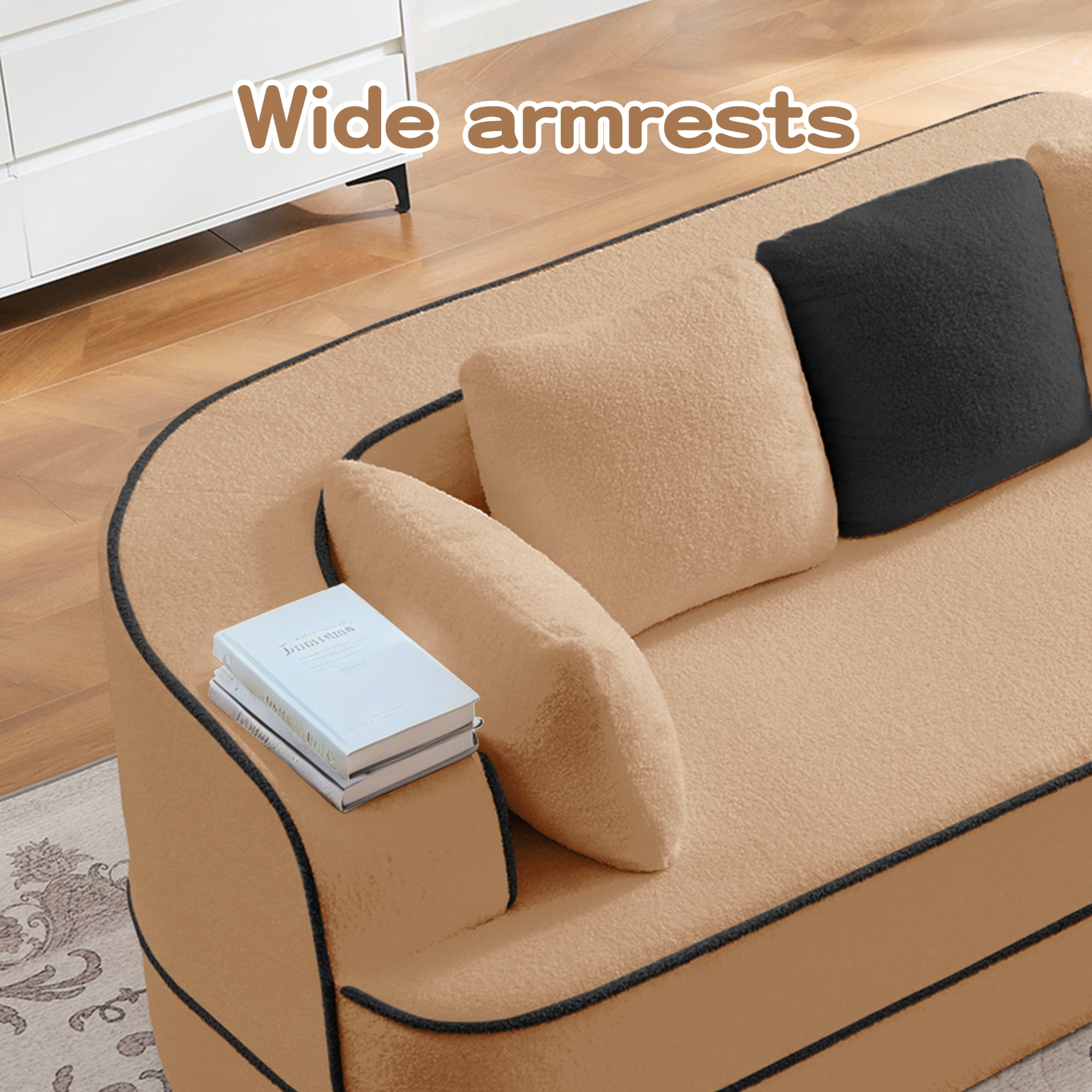 135" 4-Seat Teddy Fabric No Assembly 32D High Density sponge Boneless Sofa Fluffy Comfy Couch,Oversize sofa,Contrast color design,Symmetrical aesthetics,for Living Room,Camel