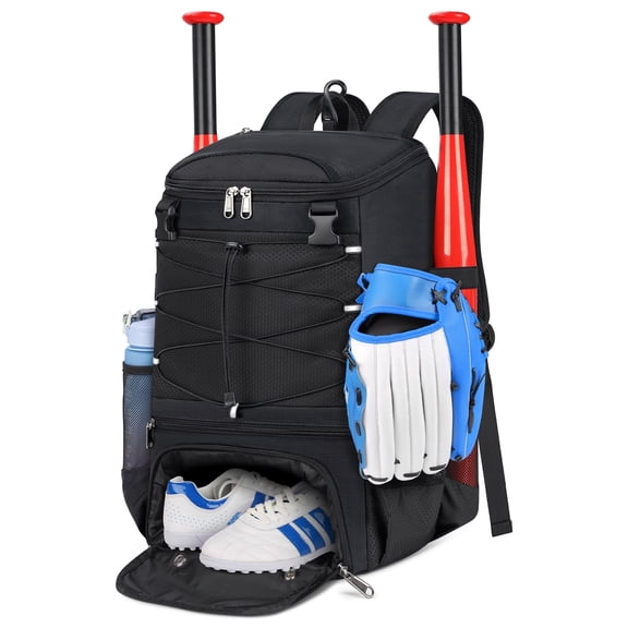 RAINSMORE Baseball Bag Waterproof Baseball Backpack Lightweight Softball Bat Bag with Shoe Compartment External Helmet Holder and Hook,Black