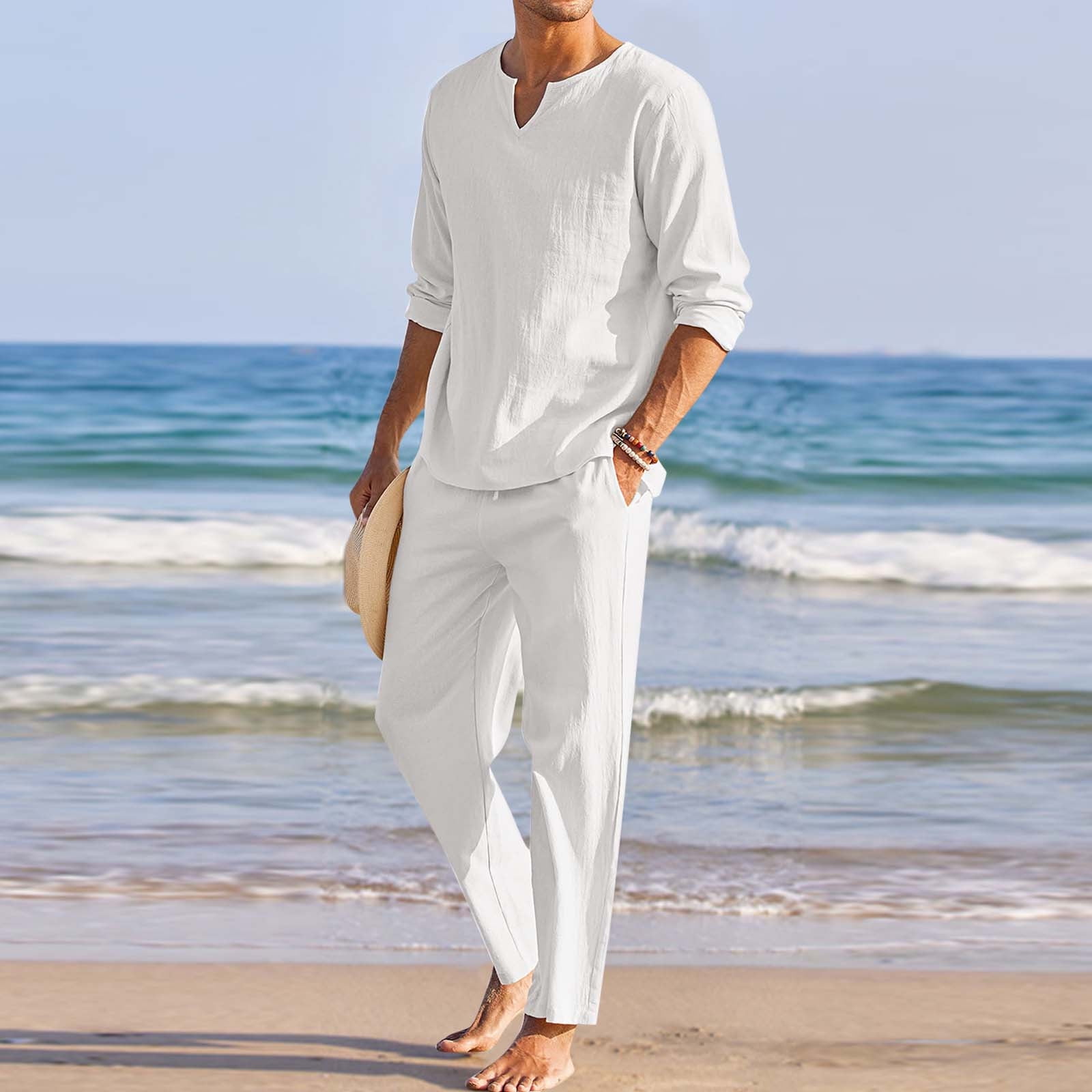 MRULIC suits for men Men Pieces Cotton Linen Set Henley Shirt Long Sleeve  And Casual Beach Pants Summer Yoga Outfits Men Suits White + S 