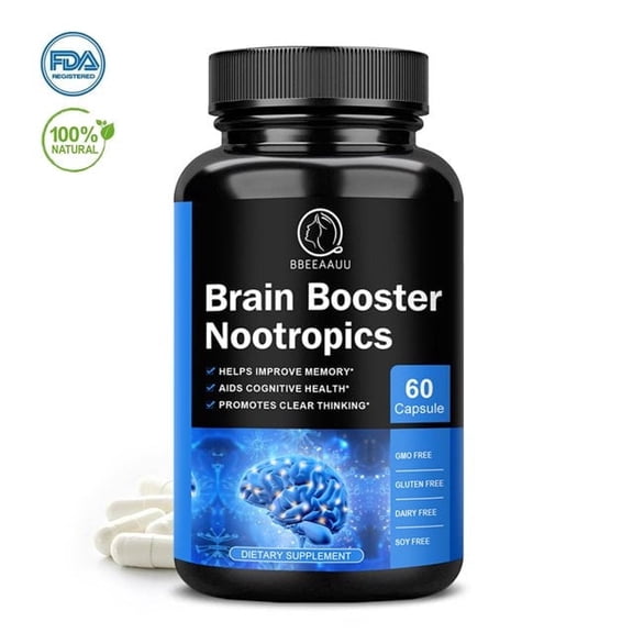 Brain Booster Nootropics Capsules, Support Energy, Brain Memory, Focus & Clarity DMAE Supplement, 60 Pills