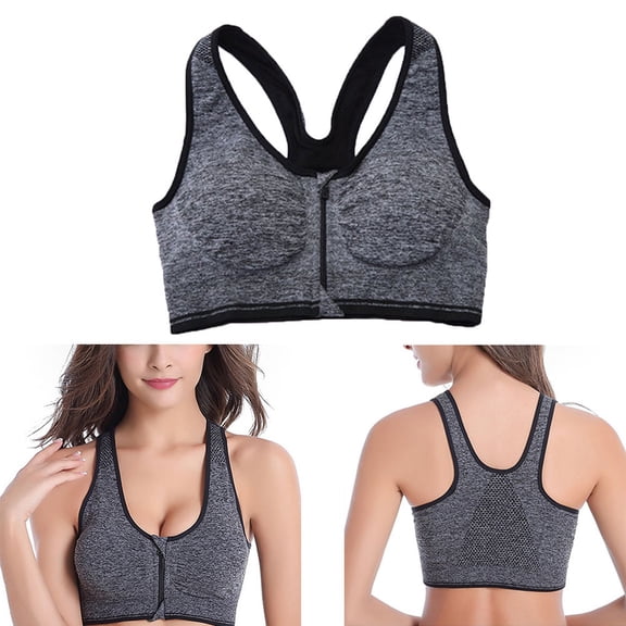 ORDDIART 1Pcs Front Zipper Closure Grey Sports Bra for Women with Shockproof and Sweat-Absorption Functions in XL Size