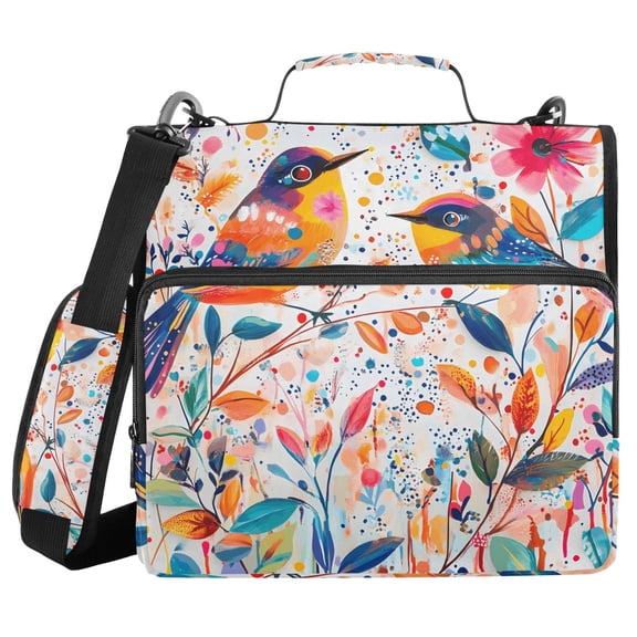 3 Ring Zipper Binder with Shoulder Strap Waterproof Trapper Keeper 2 Inch D-Ring 500 Sheets Capacity Abstract Birds and Flowers