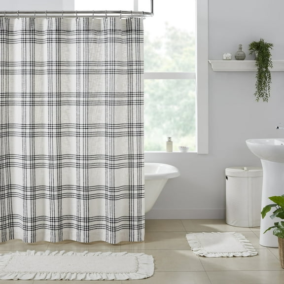 VHC Brands Woven Plaid Modern Farmhouse Shower Curtain, Black, 72x73