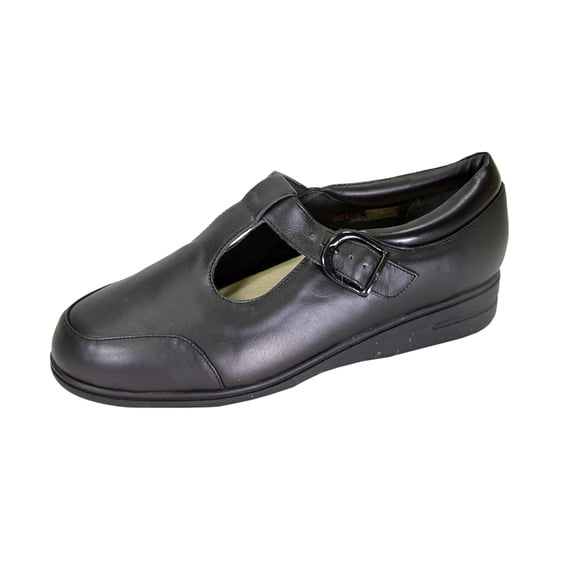24 HOUR COMFORT Maryann Wide Width Classic Leather Comfort Slip On Shoes with Buckle BLACK 5