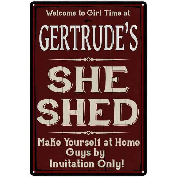 GERTRUDE'S She Shed Red Sign Lady Cave 8 x 12 High Gloss Metal 208120088210